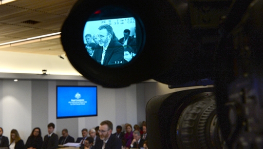 Counsel Assisting, Stephen Free Counsel Assisting, Stephen Free seen through a video lens during a public hearing