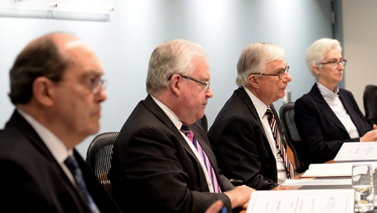 Jehovah's Witness Church public hearing From left to right: Commissioner Andrew Murray, Commissioner Robert Fitzgerald AM, The Hon Justice Peter McClellan and Justice Jennifer Coate