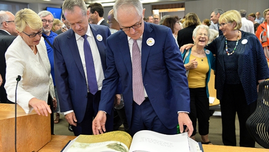 Gail Furness SC, Bill Shorten MP and Malcolm Turnbull MP with the Message to Australia book